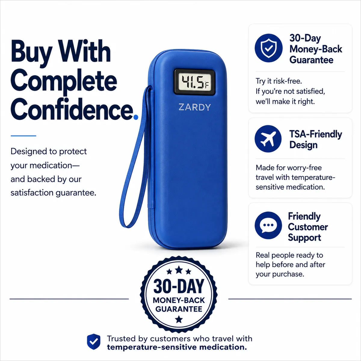 Zardy with its 30-day money-back guarantee, TSA-friendly design and customer support