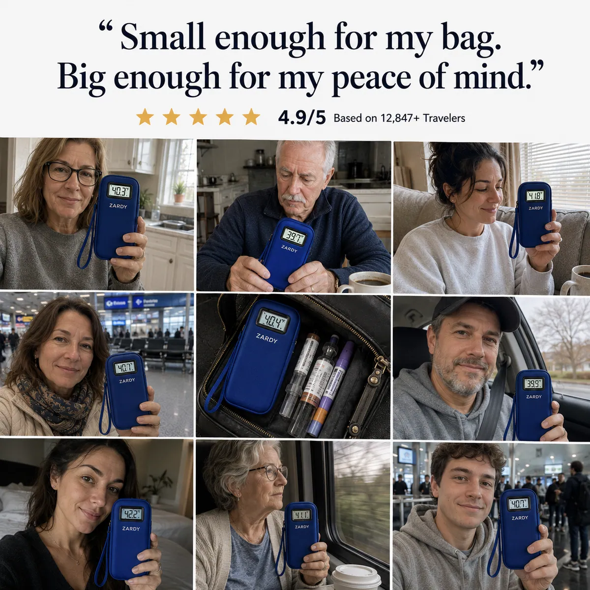 Nine customers holding their Zardy cases while travelling