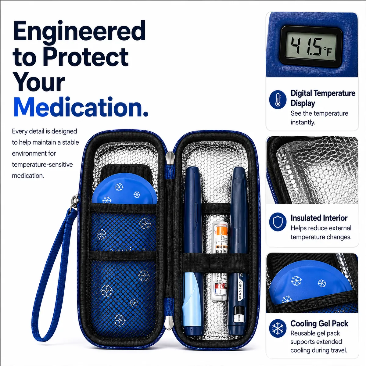 Close-ups of the digital display, insulated interior and reusable cooling gel pack