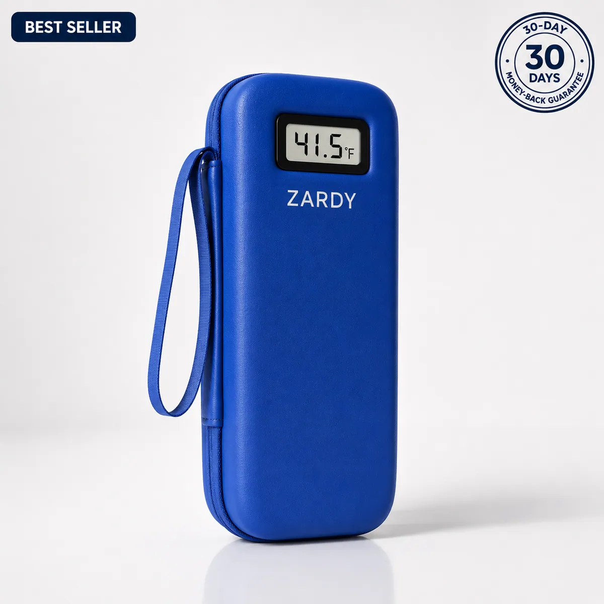 Zardy cooling case closed, showing the digital temperature display