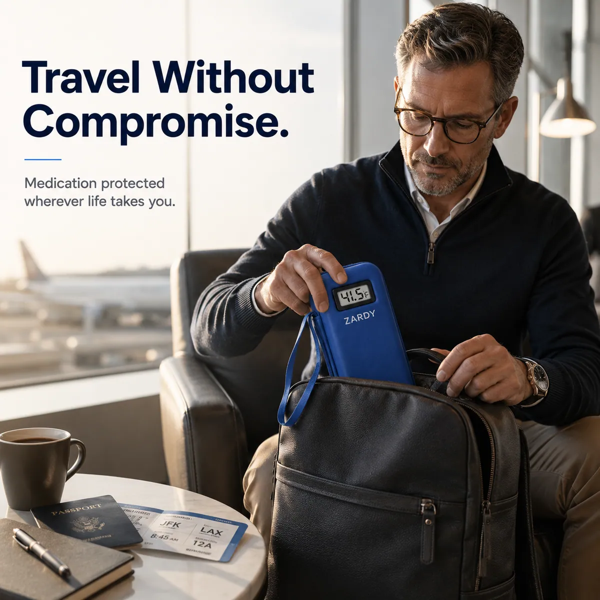 Traveller slipping a Zardy case into his backpack in an airport lounge