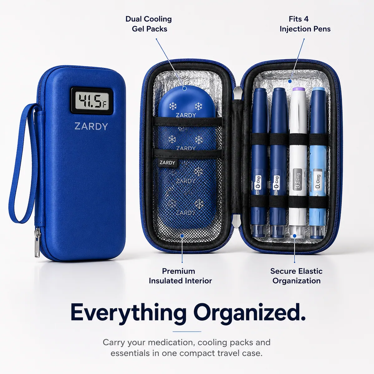 Zardy open with two cooling gel packs and four injection pens held in elastic loops