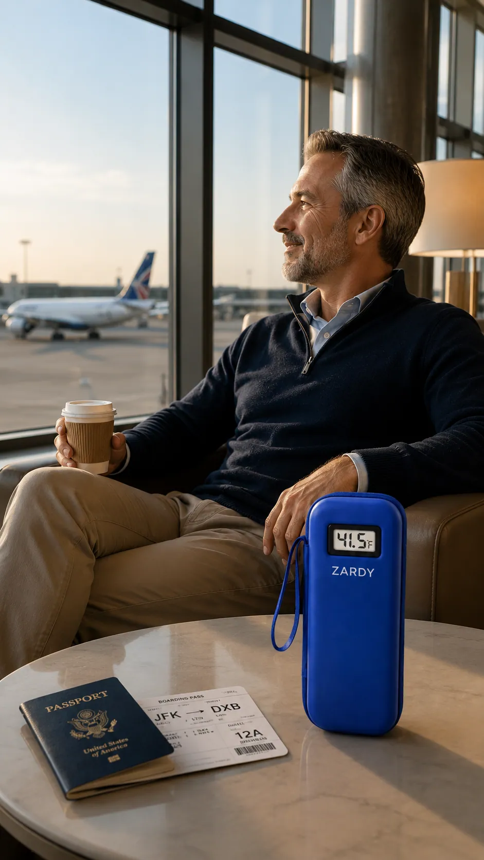 Waiting at the gate with a coffee, medication cooling in the case